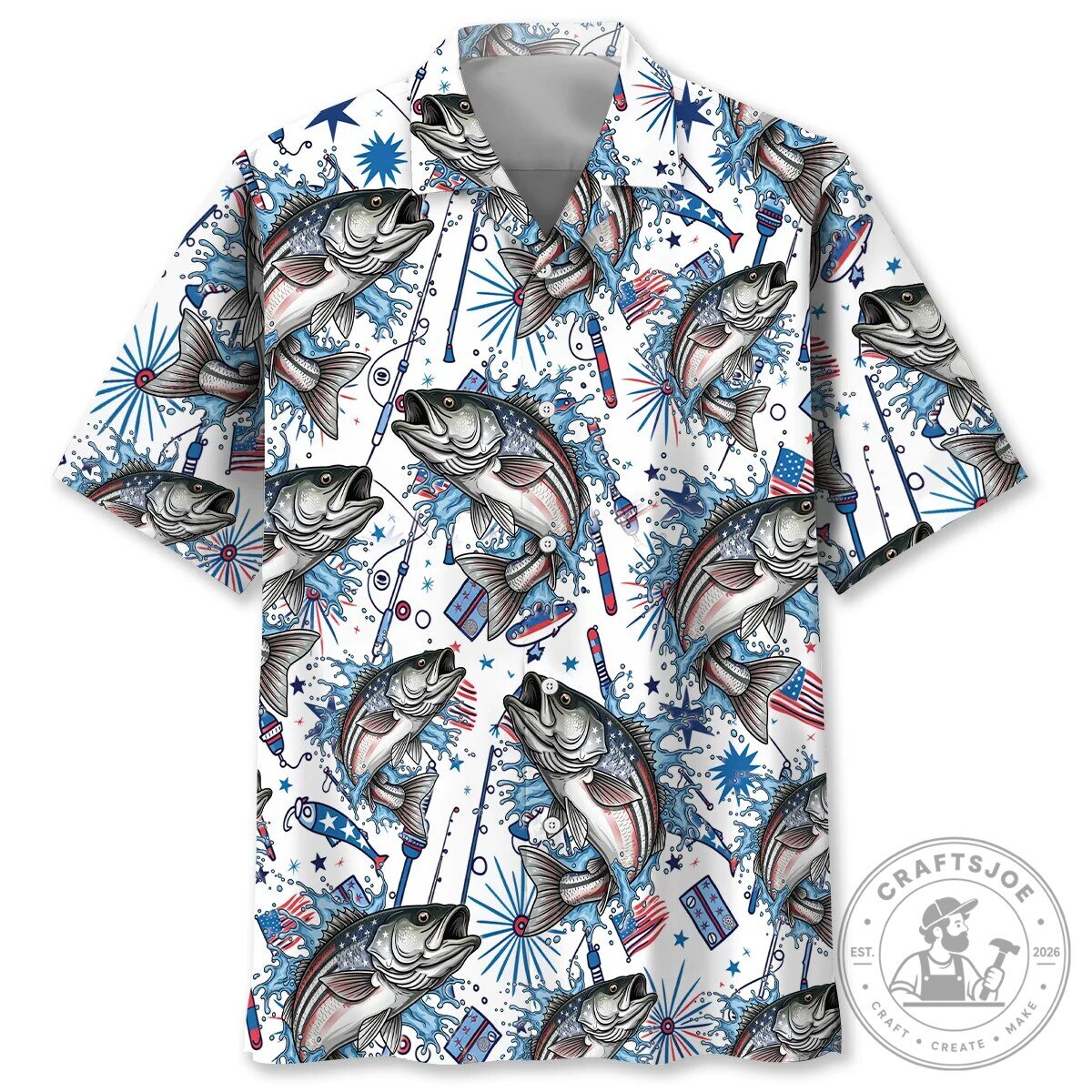 Striped Bass Fishing American Flag Pattern Hawaiian Shirt