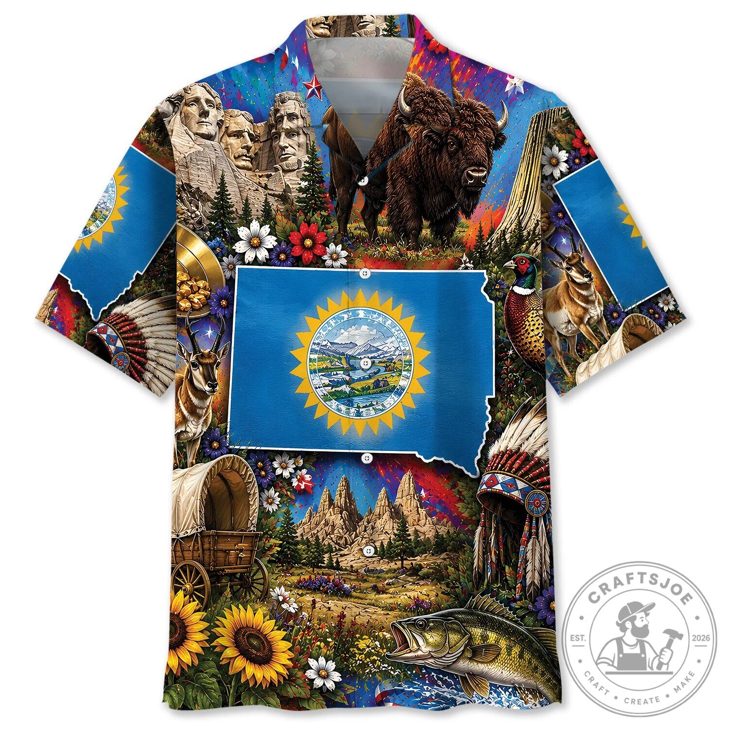 South Dakota State Flag Mount Rushmore Bison Hawaiian Shirt